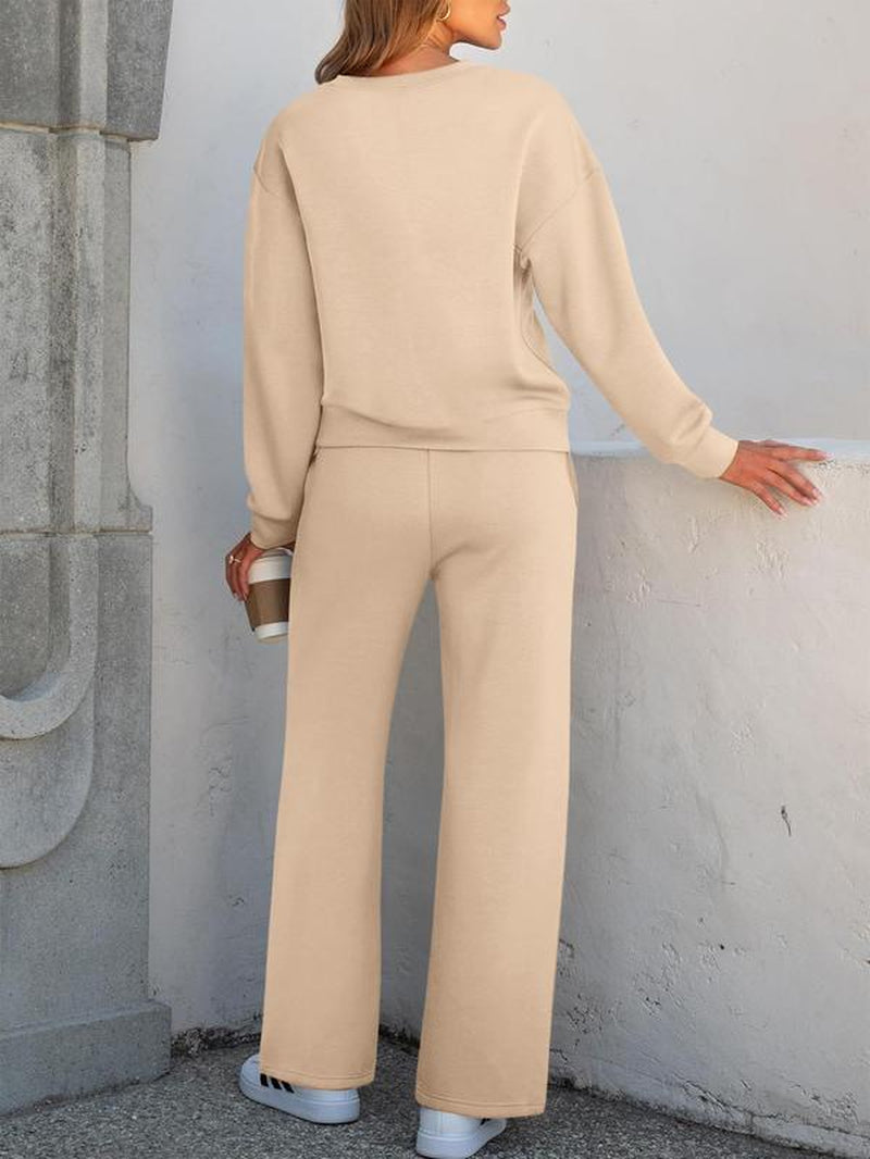 2-Piece Women'S Casual Long Sleeve Pocket Sportswear Set, Stylish Comfortable Wide Leg Athletic Set for All Seasons