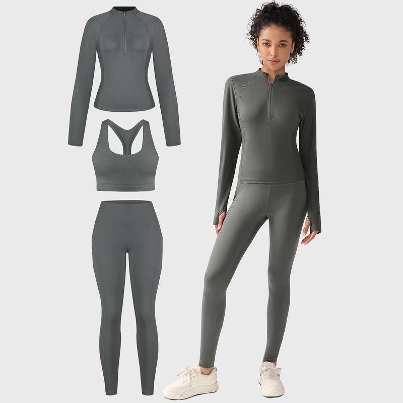 CHRLEISURE Women'S Suit Workout Set Yoga Outfit Activewear for Daily Wear with Long Sleeve Top & High-Waisted Leggings