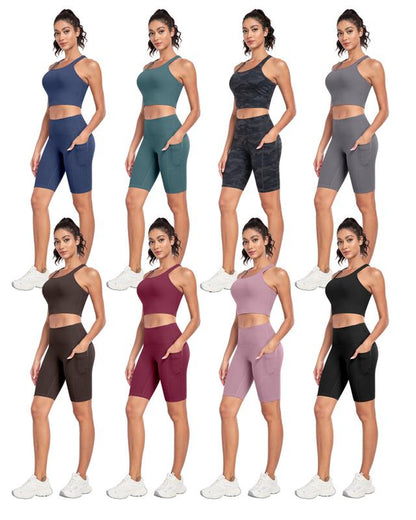 【LOCAL FAST SHIPPING】2026 New 2-Piece Workout Set - Racerback Longline Sports Bra High Impact + Tummy Control Biker Shorts with 1 Waist Hidden Pocket & 2 Side Pockets – Women’S Yoga Out Activewear for Gym Running Training