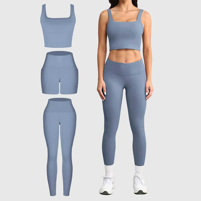 CHRLEISURE 3 Piece Workout Sets for Women High Waisted Leggings with Pockets Tummy Control Biker Shorts Yoga Sports Bra