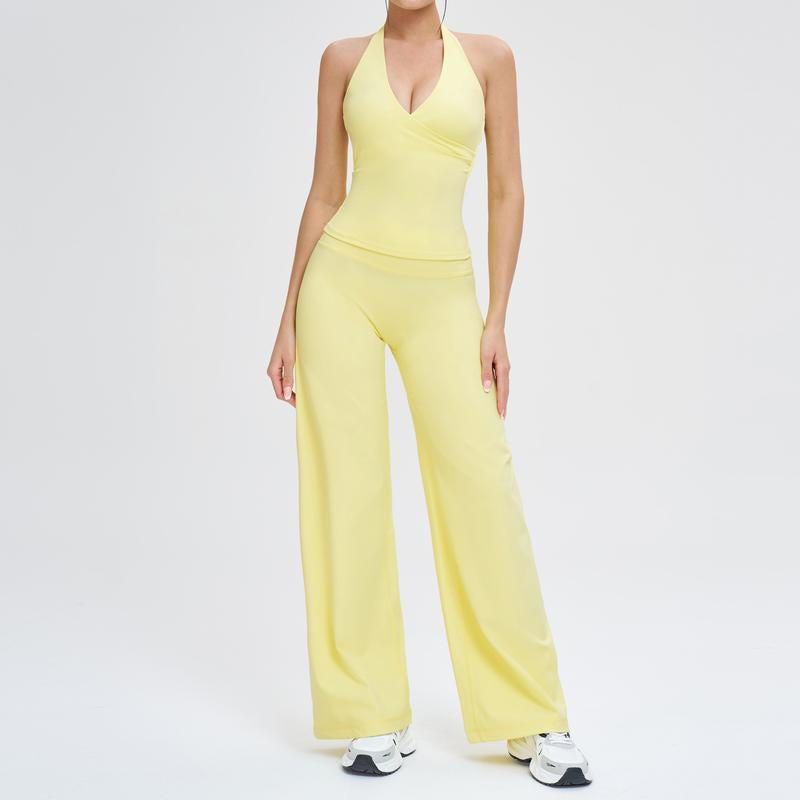 Two-Piece Women'S Workout Set: Wrap Halter Tank Top with High-Waisted Flared Leggings - Yoga & Pilates Outfit Womens Pants Suit