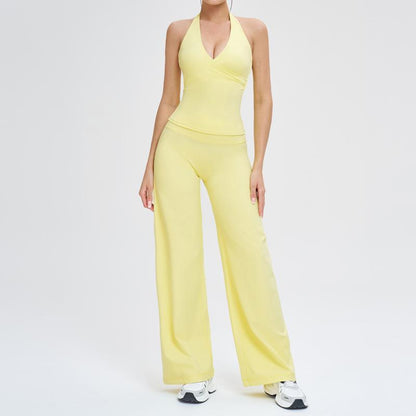 Two-Piece Women'S Workout Set: Wrap Halter Tank Top with High-Waisted Flared Leggings - Yoga & Pilates Outfit Womens Pants Suit