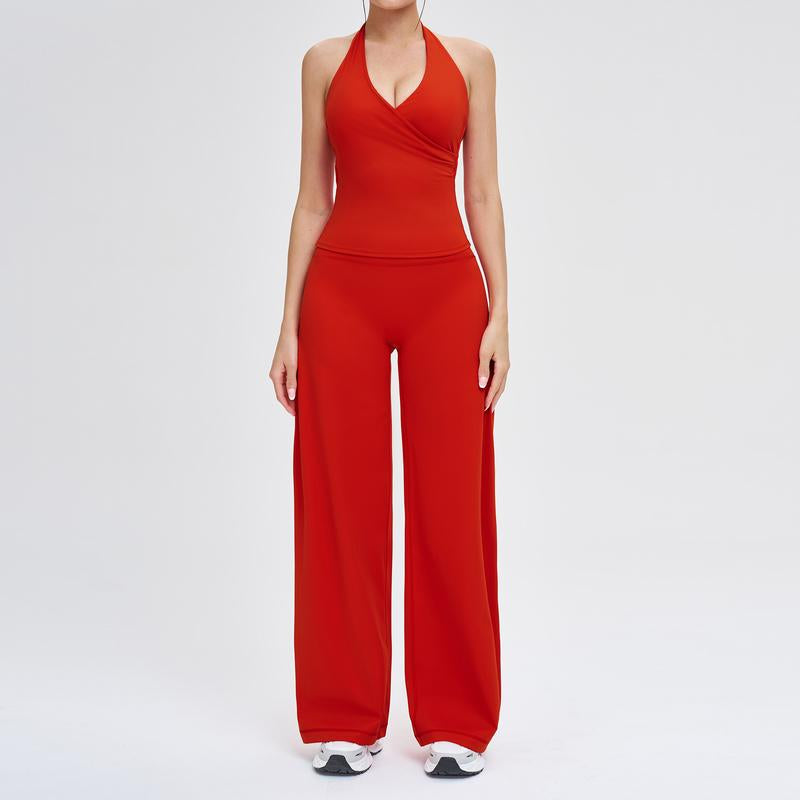 Two-Piece Women'S Workout Set: Wrap Halter Tank Top with High-Waisted Flared Leggings - Yoga & Pilates Outfit Womens Pants Suit