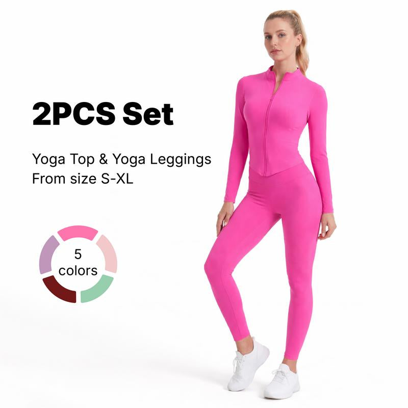 Women Yoga Set 2PCS, Zip up Jacket & High Waist Leggings, Soft Stretch Polyester Blend, Quick Dry Breathable Squat Proof Gym Workout Yoga Pilates Running Activewear, Flattering Slim Fit, CKG Lightweight Compression Sportswear Tracksuits for Men