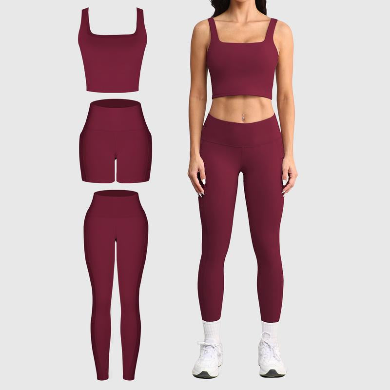 CHRLEISURE 3 Piece Workout Sets for Women High Waisted Leggings with Pockets Tummy Control Biker Shorts Yoga Sports Bra