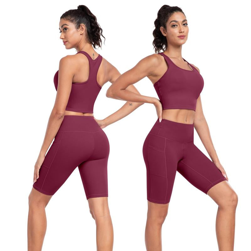 【LOCAL FAST SHIPPING】2026 New 2-Piece Workout Set - Racerback Longline Sports Bra High Impact + Tummy Control Biker Shorts with 1 Waist Hidden Pocket & 2 Side Pockets – Women’S Yoga Out Activewear for Gym Running Training