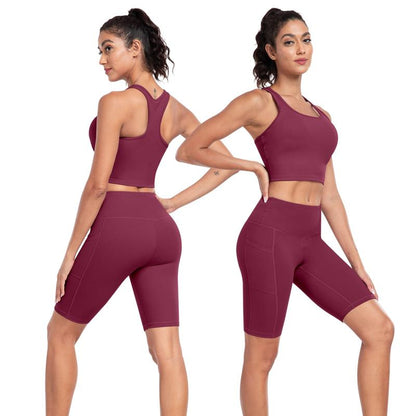【LOCAL FAST SHIPPING】2026 New 2-Piece Workout Set - Racerback Longline Sports Bra High Impact + Tummy Control Biker Shorts with 1 Waist Hidden Pocket & 2 Side Pockets – Women’S Yoga Out Activewear for Gym Running Training