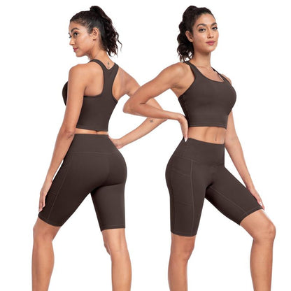 【LOCAL FAST SHIPPING】2026 New 2-Piece Workout Set - Racerback Longline Sports Bra High Impact + Tummy Control Biker Shorts with 1 Waist Hidden Pocket & 2 Side Pockets – Women’S Yoga Out Activewear for Gym Running Training