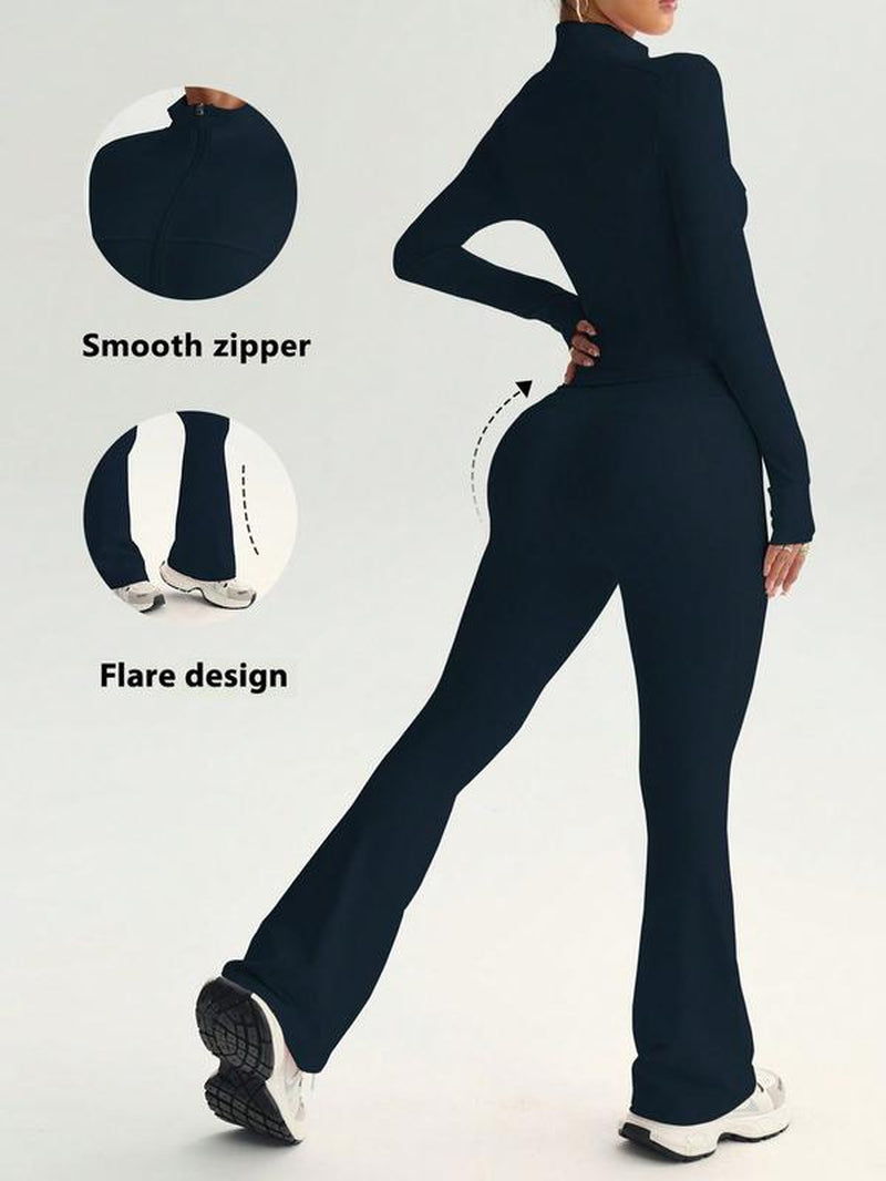 2 Piece Set Women'S Activewear Set Full Zipper Stand Collar Jacket Long Sleeve with Thumbholes High-Waisted Tummy Control and Butt Lifting Flared Pants Slim Fit and Slimming Yoga Gym Running Casual and Versatile New Sportswear for Daily Wear