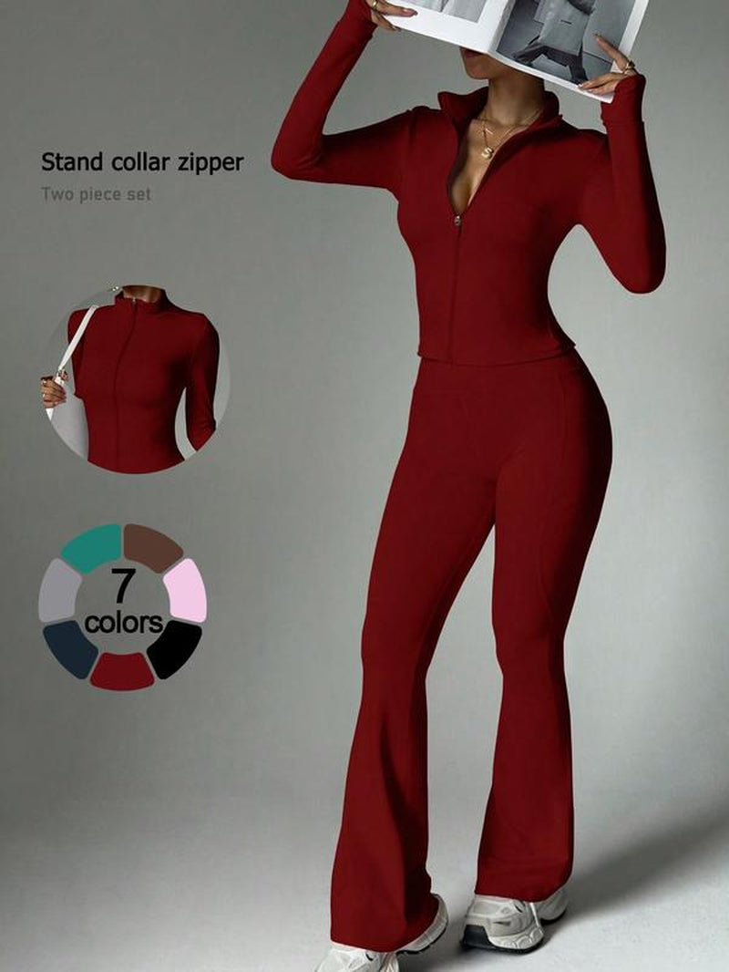 2 Piece Set Women'S Activewear Set Full Zipper Stand Collar Jacket Long Sleeve with Thumbholes High-Waisted Tummy Control and Butt Lifting Flared Pants Slim Fit and Slimming Yoga Gym Running Casual and Versatile New Sportswear for Daily Wear