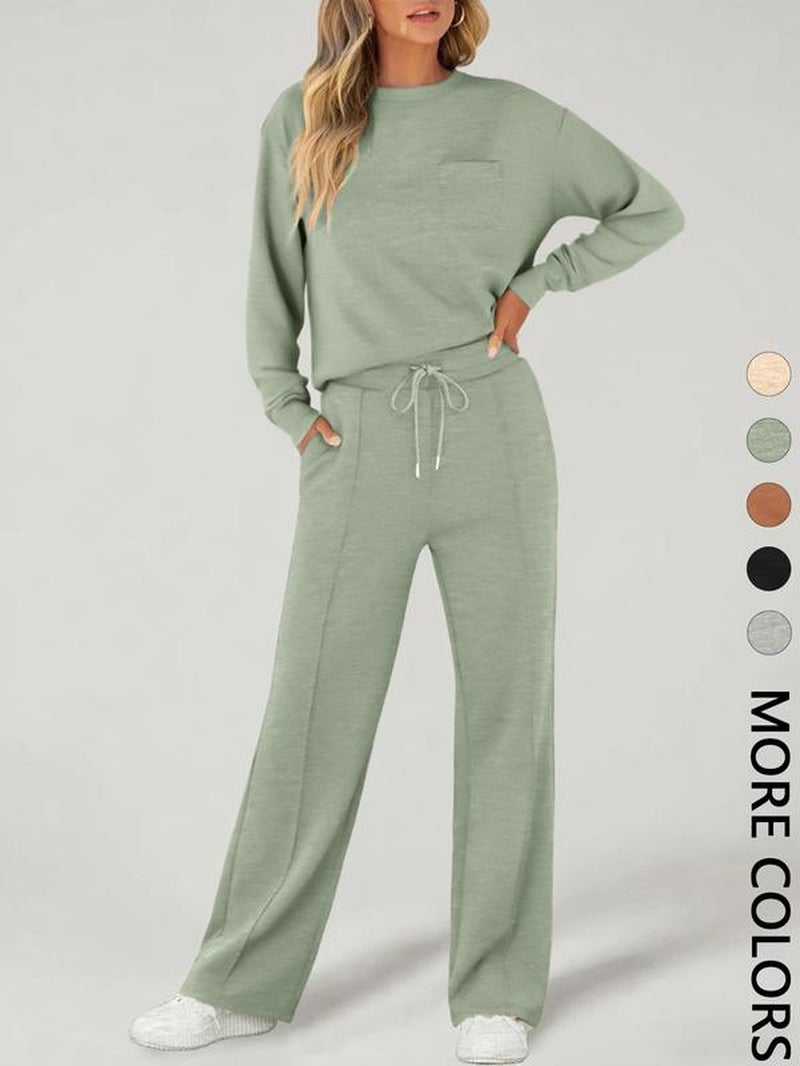 2-Piece Women'S Casual Long Sleeve Pocket Sportswear Set, Stylish Comfortable Wide Leg Athletic Set for All Seasons