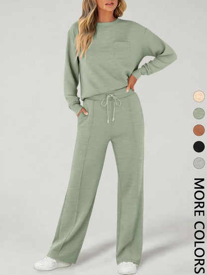 2-Piece Women'S Casual Long Sleeve Pocket Sportswear Set, Stylish Comfortable Wide Leg Athletic Set for All Seasons