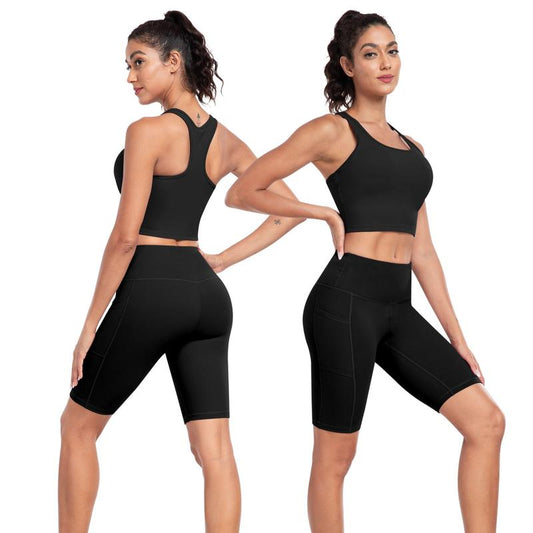 【LOCAL FAST SHIPPING】2026 New 2-Piece Workout Set - Racerback Longline Sports Bra High Impact + Tummy Control Biker Shorts with 1 Waist Hidden Pocket & 2 Side Pockets – Women’S Yoga Out Activewear for Gym Running Training