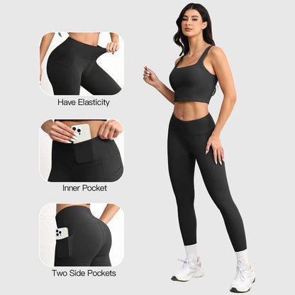 CHRLEISURE 3 Piece Workout Sets for Women High Waisted Leggings with Pockets Tummy Control Biker Shorts Yoga Sports Bra
