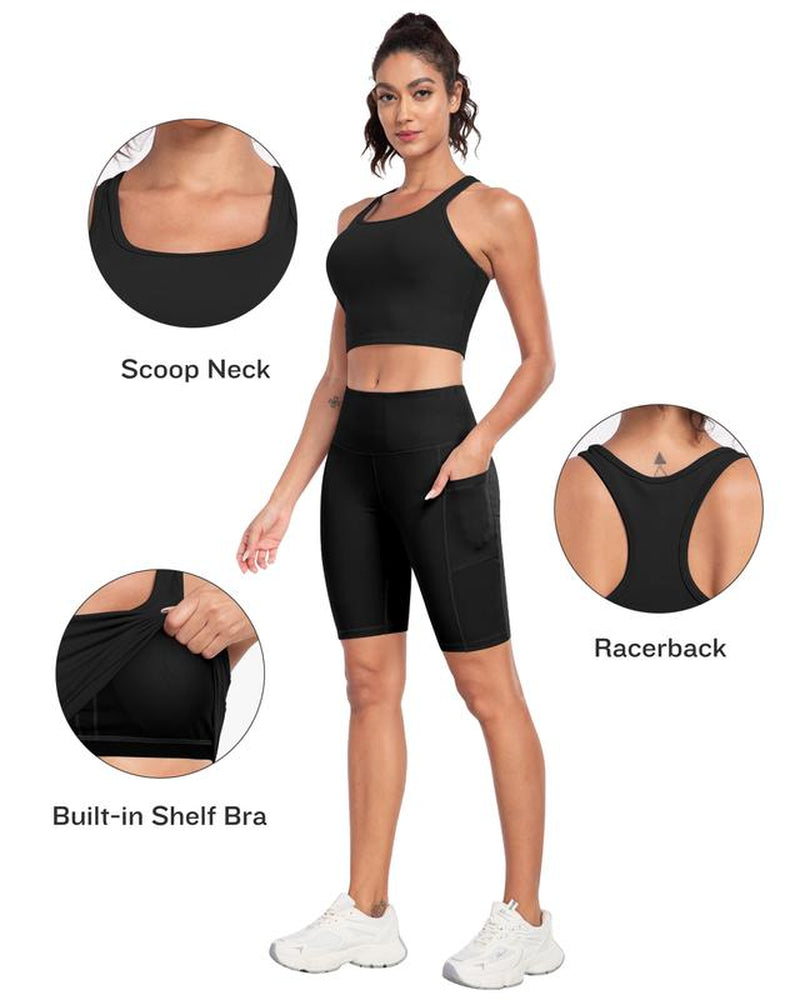 【LOCAL FAST SHIPPING】2026 New 2-Piece Workout Set - Racerback Longline Sports Bra High Impact + Tummy Control Biker Shorts with 1 Waist Hidden Pocket & 2 Side Pockets – Women’S Yoga Out Activewear for Gym Running Training