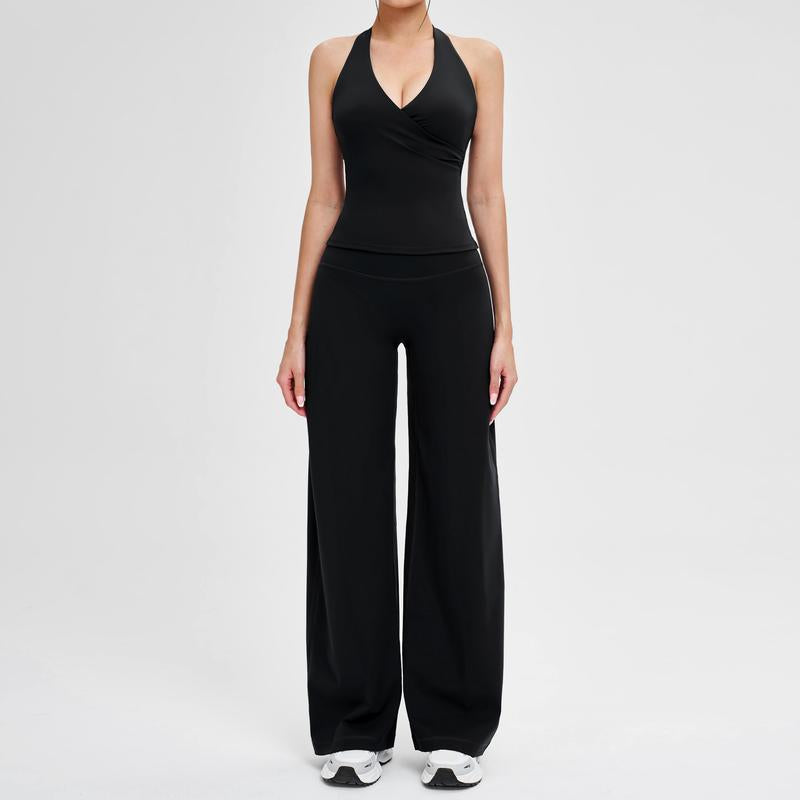 Two-Piece Women'S Workout Set: Wrap Halter Tank Top with High-Waisted Flared Leggings - Yoga & Pilates Outfit Womens Pants Suit