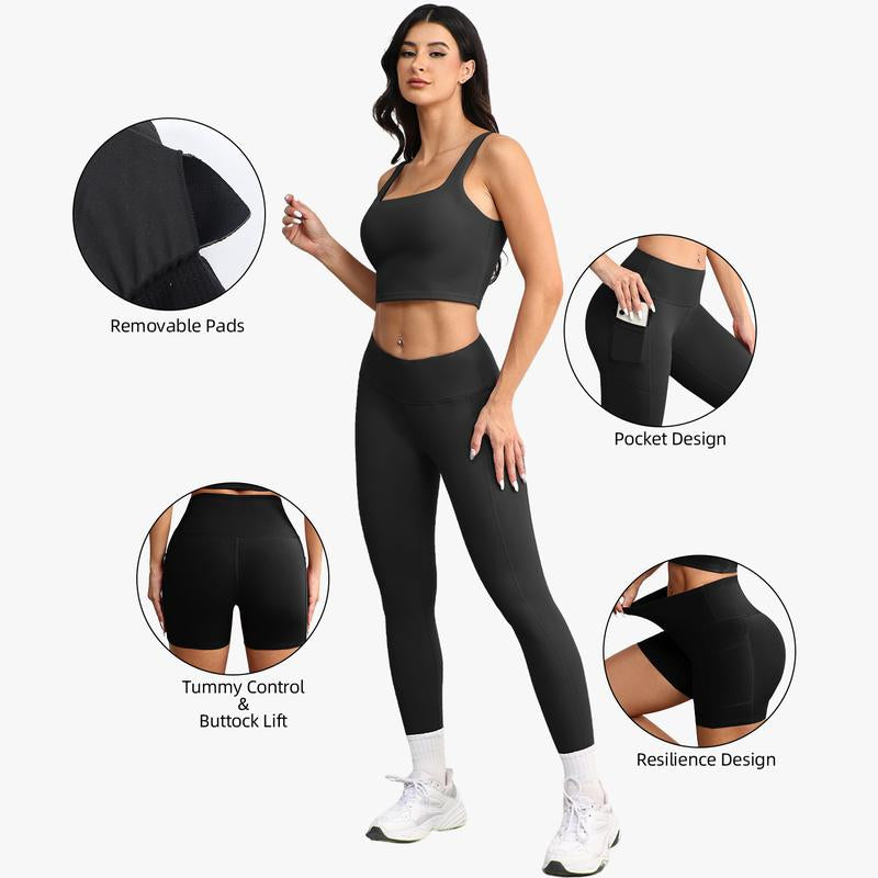 CHRLEISURE 3 Piece Workout Sets for Women High Waisted Leggings with Pockets Tummy Control Biker Shorts Yoga Sports Bra