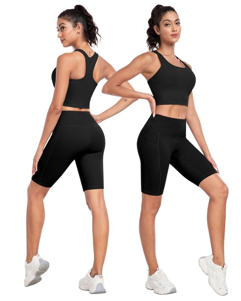 【LOCAL FAST SHIPPING】2026 New 2-Piece Workout Set - Racerback Longline Sports Bra High Impact + Tummy Control Biker Shorts with 1 Waist Hidden Pocket & 2 Side Pockets – Women’S Yoga Out Activewear for Gym Running Training
