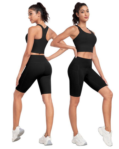 【LOCAL FAST SHIPPING】2026 New 2-Piece Workout Set - Racerback Longline Sports Bra High Impact + Tummy Control Biker Shorts with 1 Waist Hidden Pocket & 2 Side Pockets – Women’S Yoga Out Activewear for Gym Running Training
