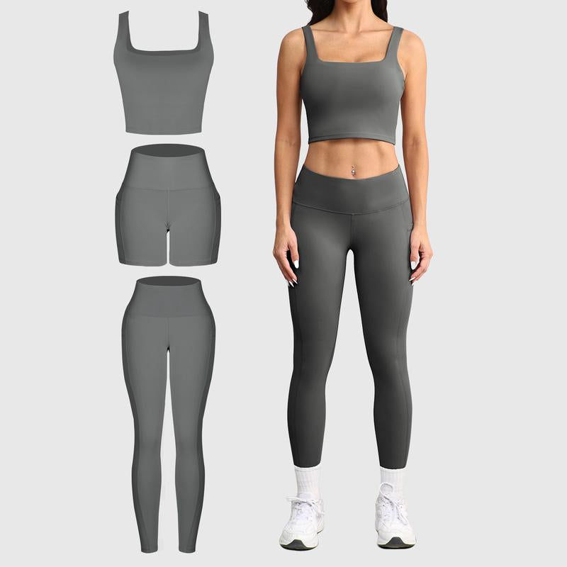 CHRLEISURE 3 Piece Workout Sets for Women High Waisted Leggings with Pockets Tummy Control Biker Shorts Yoga Sports Bra