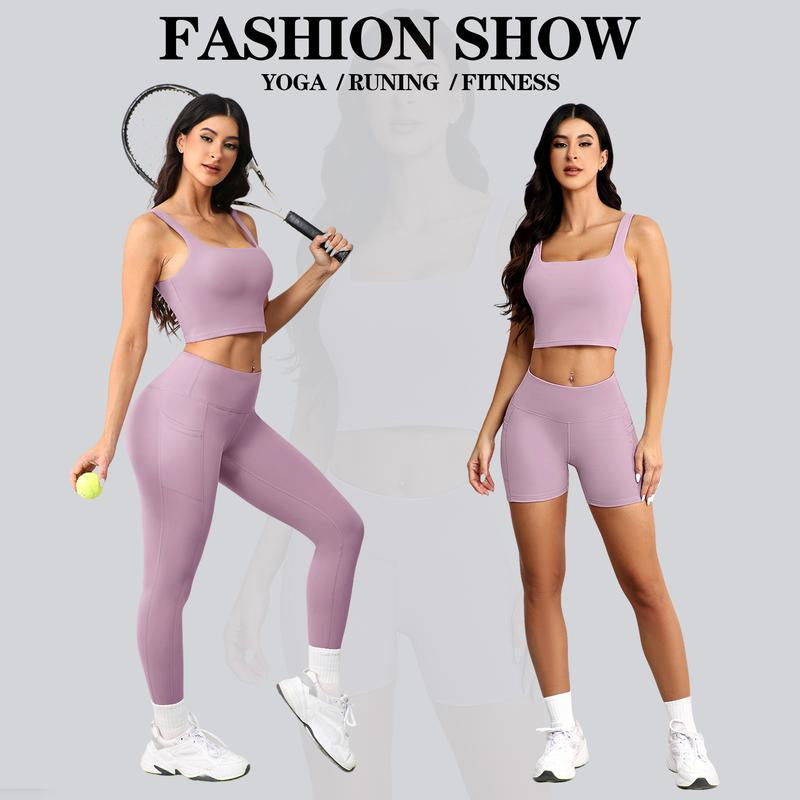 CHRLEISURE 3 Piece Workout Sets for Women High Waisted Leggings with Pockets Tummy Control Biker Shorts Yoga Sports Bra