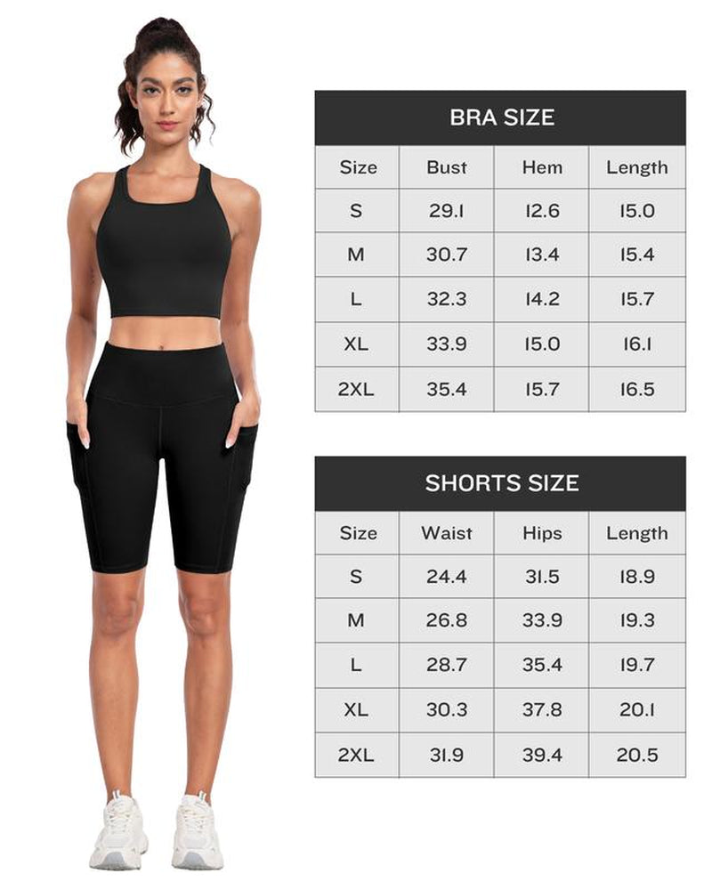 【LOCAL FAST SHIPPING】2026 New 2-Piece Workout Set - Racerback Longline Sports Bra High Impact + Tummy Control Biker Shorts with 1 Waist Hidden Pocket & 2 Side Pockets – Women’S Yoga Out Activewear for Gym Running Training