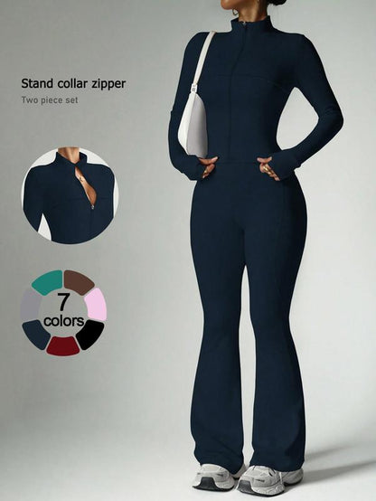 2 Piece Set Women'S Activewear Set Full Zipper Stand Collar Jacket Long Sleeve with Thumbholes High-Waisted Tummy Control and Butt Lifting Flared Pants Slim Fit and Slimming Yoga Gym Running Casual and Versatile New Sportswear for Daily Wear