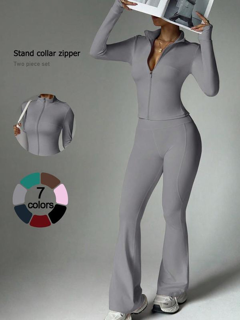 2 Piece Set Women'S Activewear Set Full Zipper Stand Collar Jacket Long Sleeve with Thumbholes High-Waisted Tummy Control and Butt Lifting Flared Pants Slim Fit and Slimming Yoga Gym Running Casual and Versatile New Sportswear for Daily Wear