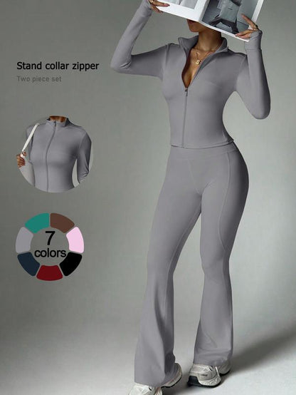 2 Piece Set Women'S Activewear Set Full Zipper Stand Collar Jacket Long Sleeve with Thumbholes High-Waisted Tummy Control and Butt Lifting Flared Pants Slim Fit and Slimming Yoga Gym Running Casual and Versatile New Sportswear for Daily Wear