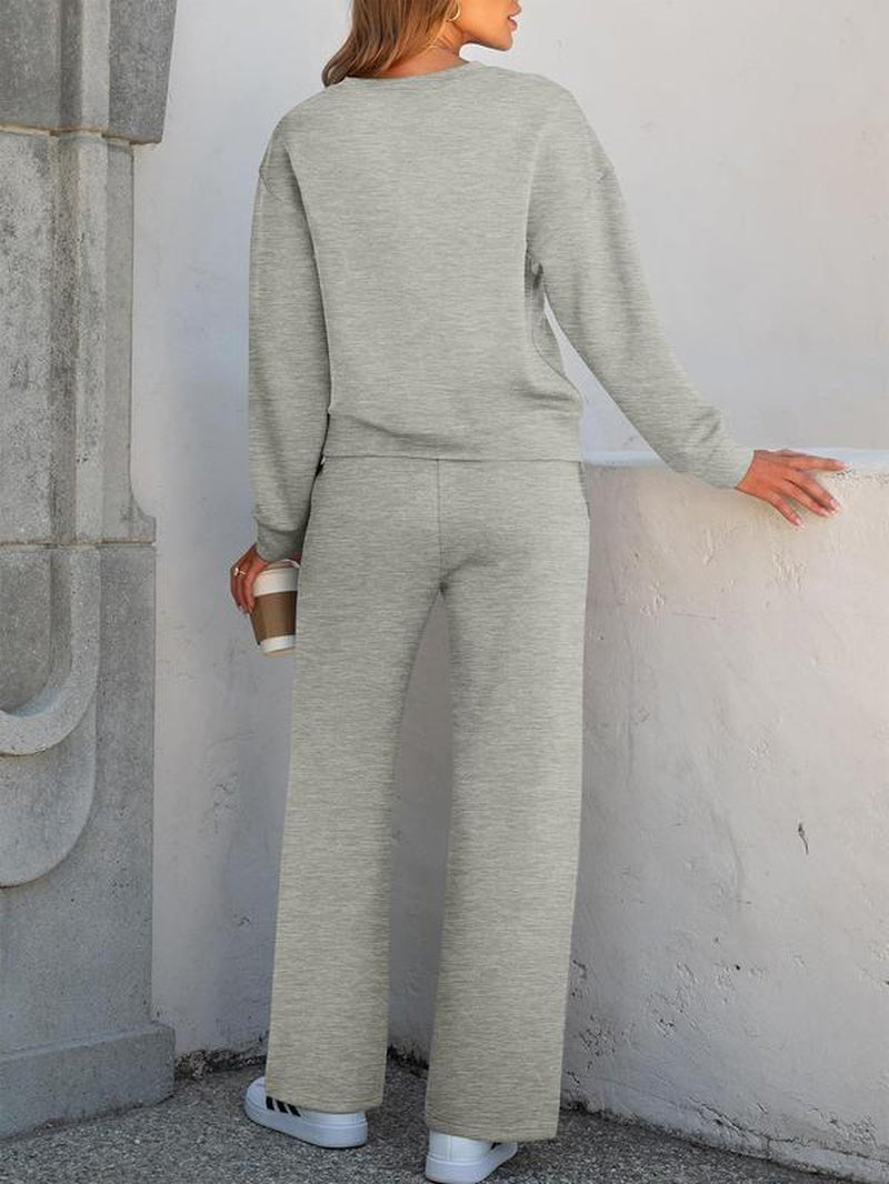 2-Piece Women'S Casual Long Sleeve Pocket Sportswear Set, Stylish Comfortable Wide Leg Athletic Set for All Seasons