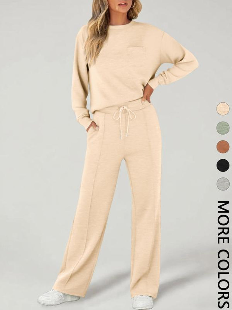 2-Piece Women'S Casual Long Sleeve Pocket Sportswear Set, Stylish Comfortable Wide Leg Athletic Set for All Seasons