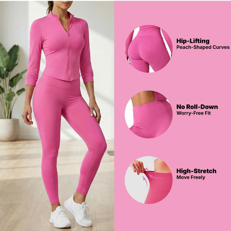 Women Yoga Set 2PCS, Zip up Jacket & High Waist Leggings, Soft Stretch Polyester Blend, Quick Dry Breathable Squat Proof Gym Workout Yoga Pilates Running Activewear, Flattering Slim Fit, CKG Lightweight Compression Sportswear Tracksuits for Men