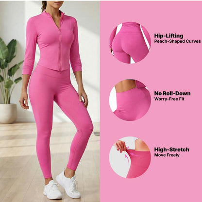 Women Yoga Set 2PCS, Zip up Jacket & High Waist Leggings, Soft Stretch Polyester Blend, Quick Dry Breathable Squat Proof Gym Workout Yoga Pilates Running Activewear, Flattering Slim Fit, CKG Lightweight Compression Sportswear Tracksuits for Men