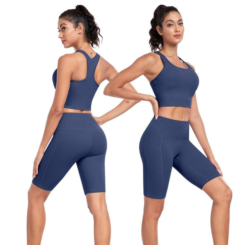 【LOCAL FAST SHIPPING】2026 New 2-Piece Workout Set - Racerback Longline Sports Bra High Impact + Tummy Control Biker Shorts with 1 Waist Hidden Pocket & 2 Side Pockets – Women’S Yoga Out Activewear for Gym Running Training