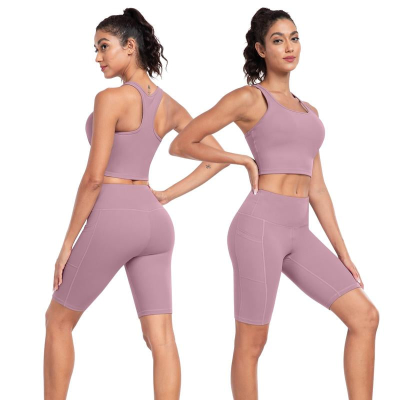 【LOCAL FAST SHIPPING】2026 New 2-Piece Workout Set - Racerback Longline Sports Bra High Impact + Tummy Control Biker Shorts with 1 Waist Hidden Pocket & 2 Side Pockets – Women’S Yoga Out Activewear for Gym Running Training