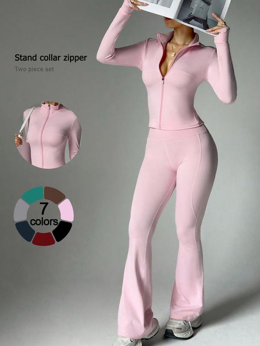 2 Piece Set Women'S Activewear Set Full Zipper Stand Collar Jacket Long Sleeve with Thumbholes High-Waisted Tummy Control and Butt Lifting Flared Pants Slim Fit and Slimming Yoga Gym Running Casual and Versatile New Sportswear for Daily Wear