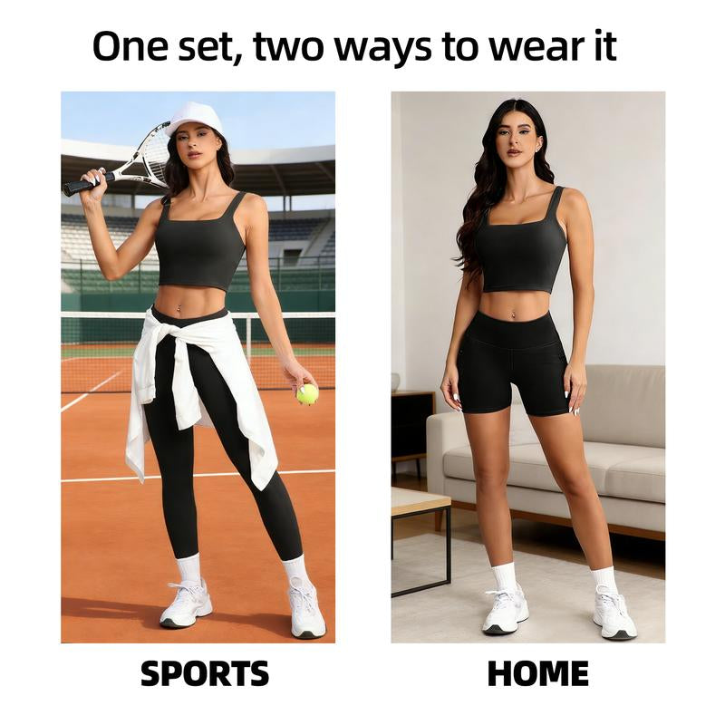 CHRLEISURE 3 Piece Workout Sets for Women High Waisted Leggings with Pockets Tummy Control Biker Shorts Yoga Sports Bra