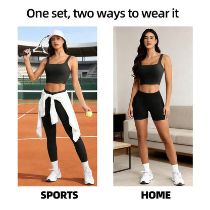 CHRLEISURE 3 Piece Workout Sets for Women High Waisted Leggings with Pockets Tummy Control Biker Shorts Yoga Sports Bra