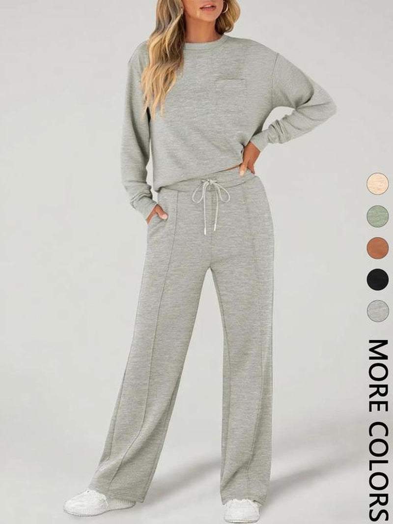 2-Piece Women'S Casual Long Sleeve Pocket Sportswear Set, Stylish Comfortable Wide Leg Athletic Set for All Seasons