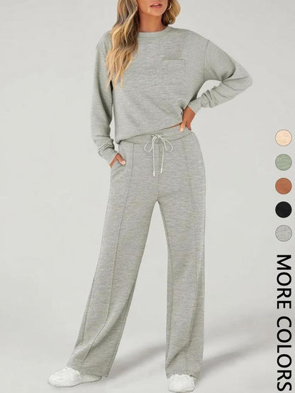 2-Piece Women'S Casual Long Sleeve Pocket Sportswear Set, Stylish Comfortable Wide Leg Athletic Set for All Seasons