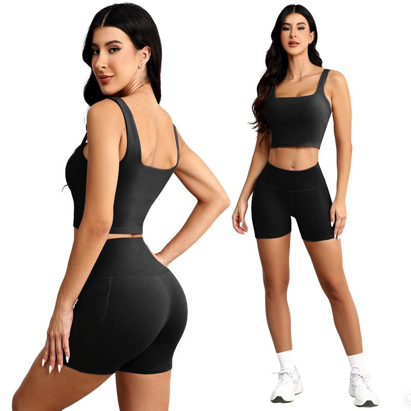 CHRLEISURE 3 Piece Workout Sets for Women High Waisted Leggings with Pockets Tummy Control Biker Shorts Yoga Sports Bra