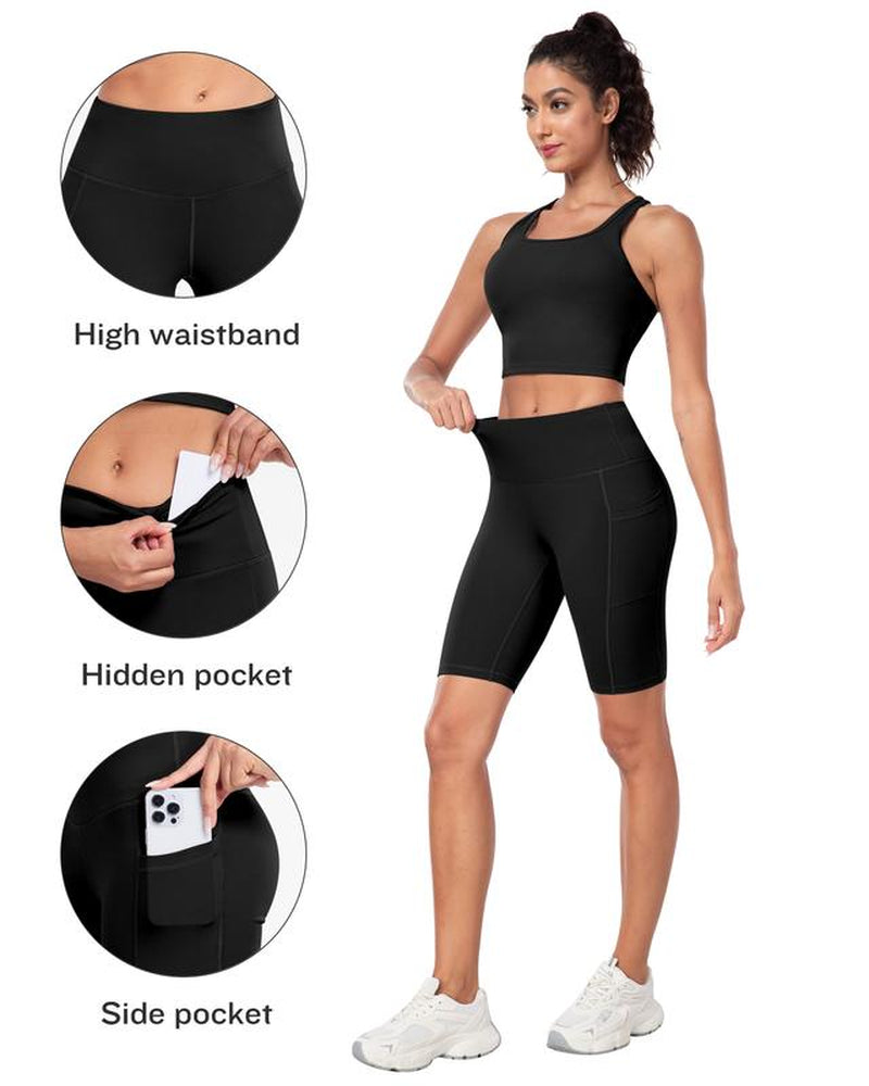 【LOCAL FAST SHIPPING】2026 New 2-Piece Workout Set - Racerback Longline Sports Bra High Impact + Tummy Control Biker Shorts with 1 Waist Hidden Pocket & 2 Side Pockets – Women’S Yoga Out Activewear for Gym Running Training