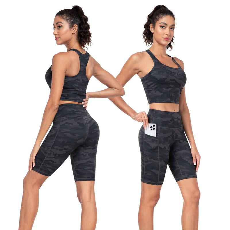 【LOCAL FAST SHIPPING】2026 New 2-Piece Workout Set - Racerback Longline Sports Bra High Impact + Tummy Control Biker Shorts with 1 Waist Hidden Pocket & 2 Side Pockets – Women’S Yoga Out Activewear for Gym Running Training