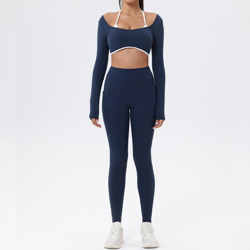 Workout Sets for Women 2 Piece Outfits Seamless High Waist Leggings Yoga Long Sleeve Crop Tops Athletic Gym Sets Elegante Sport Halter Bra for Gym Workout Sets for Women Free Gift: Athletic Shorts