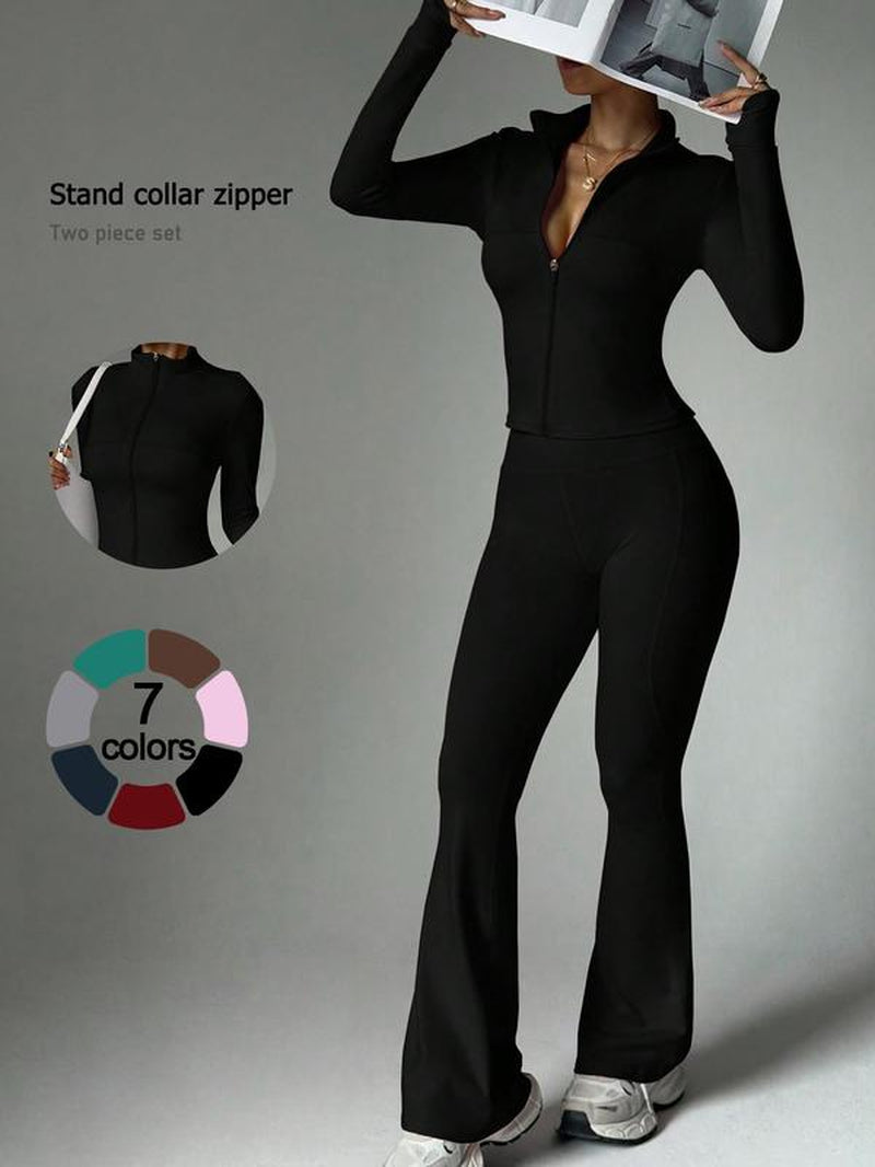 2 Piece Set Women'S Activewear Set Full Zipper Stand Collar Jacket Long Sleeve with Thumbholes High-Waisted Tummy Control and Butt Lifting Flared Pants Slim Fit and Slimming Yoga Gym Running Casual and Versatile New Sportswear for Daily Wear
