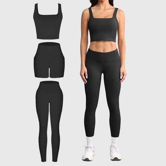 CHRLEISURE 3 Piece Workout Sets for Women High Waisted Leggings with Pockets Tummy Control Biker Shorts Yoga Sports Bra