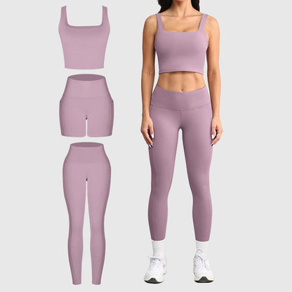 CHRLEISURE 3 Piece Workout Sets for Women High Waisted Leggings with Pockets Tummy Control Biker Shorts Yoga Sports Bra