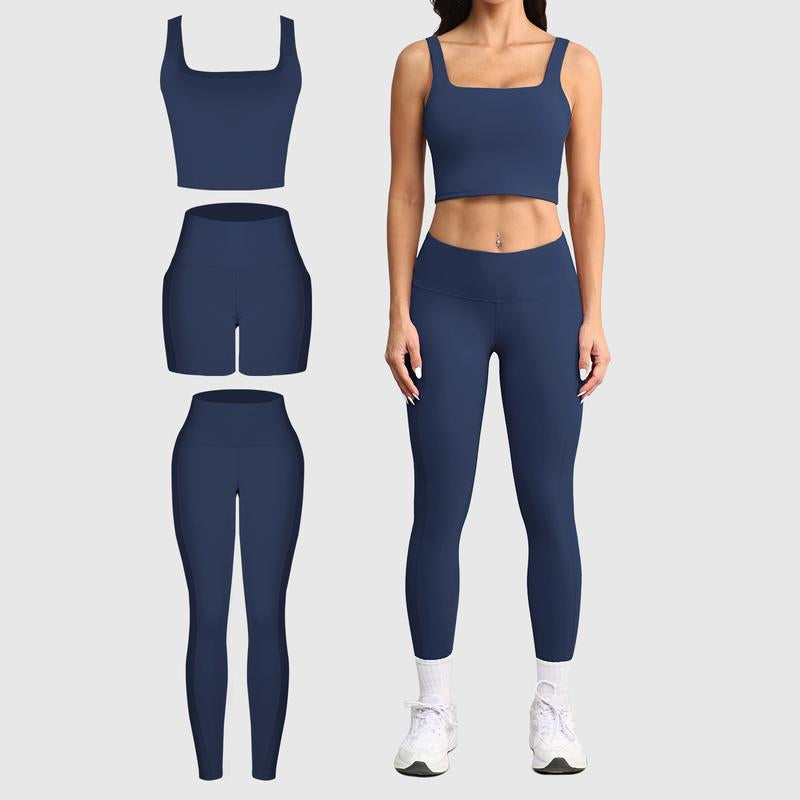 CHRLEISURE 3 Piece Workout Sets for Women High Waisted Leggings with Pockets Tummy Control Biker Shorts Yoga Sports Bra