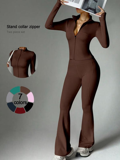 2 Piece Set Women'S Activewear Set Full Zipper Stand Collar Jacket Long Sleeve with Thumbholes High-Waisted Tummy Control and Butt Lifting Flared Pants Slim Fit and Slimming Yoga Gym Running Casual and Versatile New Sportswear for Daily Wear