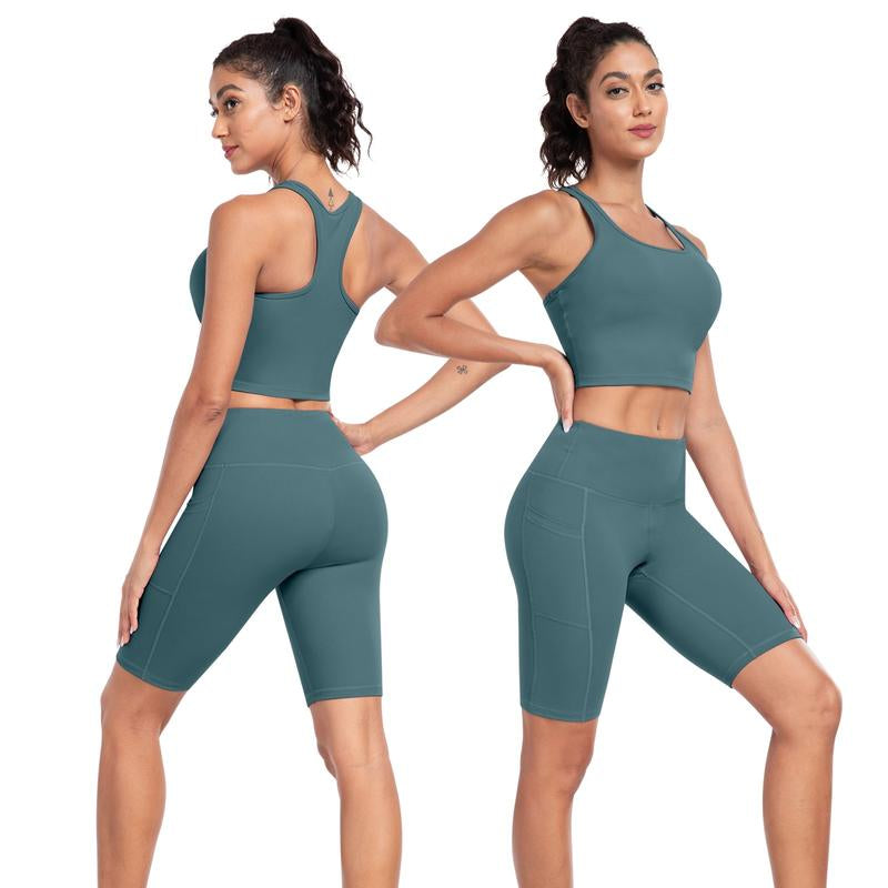【LOCAL FAST SHIPPING】2026 New 2-Piece Workout Set - Racerback Longline Sports Bra High Impact + Tummy Control Biker Shorts with 1 Waist Hidden Pocket & 2 Side Pockets – Women’S Yoga Out Activewear for Gym Running Training